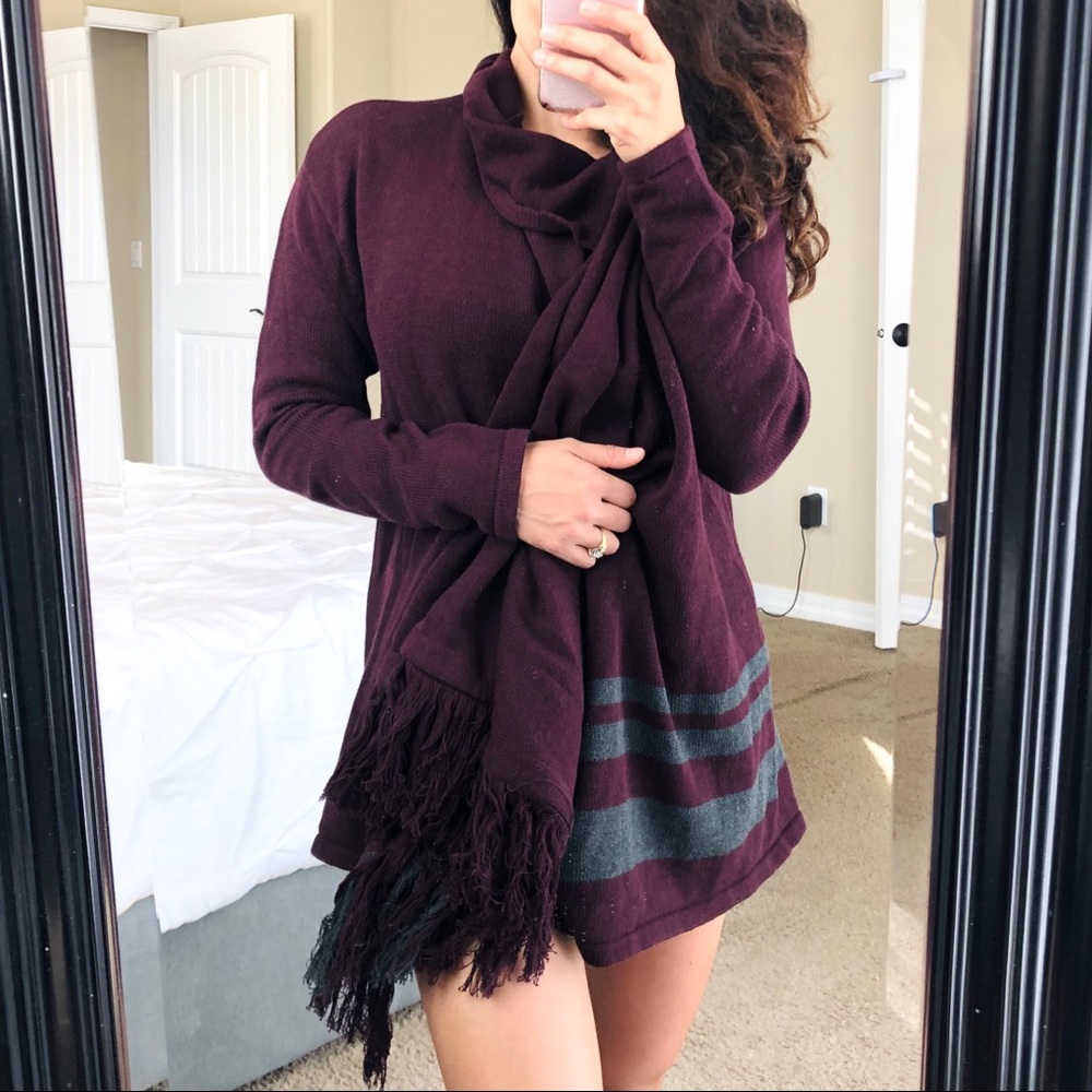 CABI Wrap Fringe Burgundy Sweater Cardigan #3002